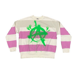 PUNK ® LA Anarchy Neon Green Multicolor Striped Crewneck Sweater Cotton Sm